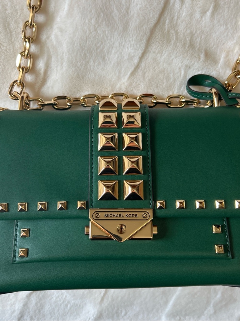 Michael Kors Emerald Green Leather Shoulder Bag with Gold Studs